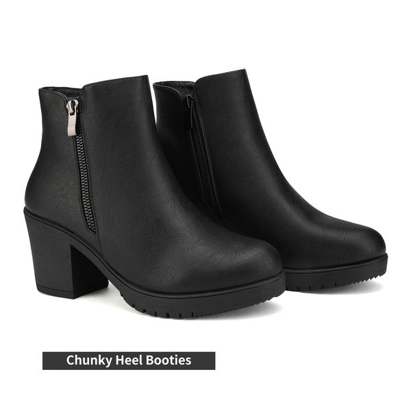 Comfortable Low Heel Chunky Ankle Boots - BLACK PU - 4